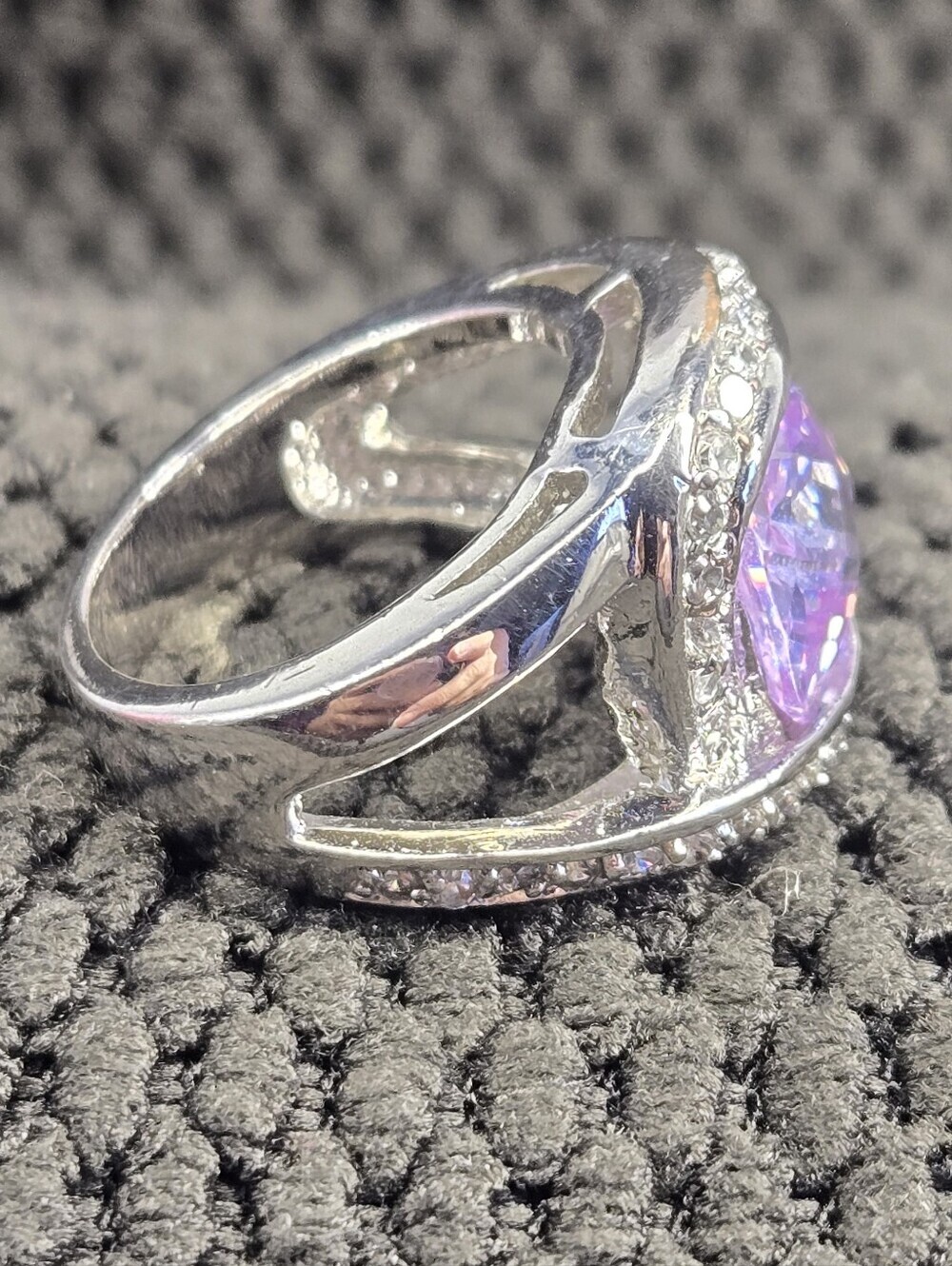 Silver Ring with Purple Cubic Zirconia and Pavé Accents Size 5 - Picture 4 of 10